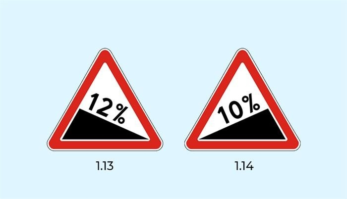 Табличка 1. 13 Крутой спуск и знак 1. 14 Крутой уклон.
