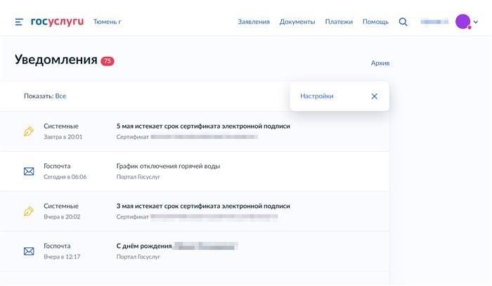 Чтобы настроить получение государственной почты, нужно зайти во «Все уведомления» - «Настройки».